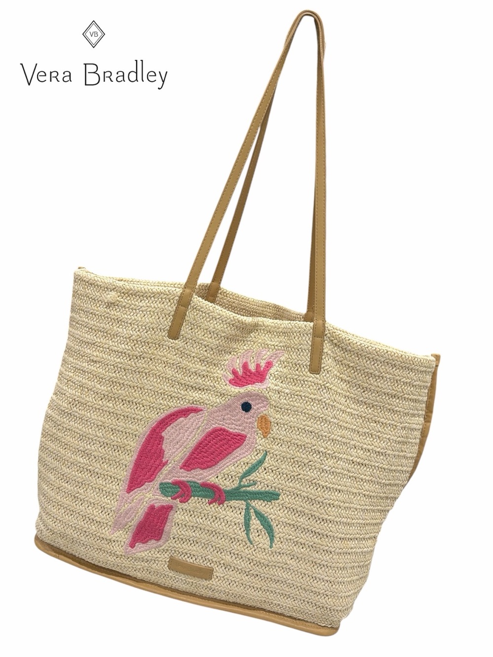 Vera Bradley Straw Tote‎ with Pink Parrot Embroidery